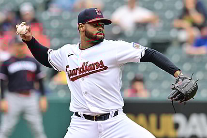 Sep 6, 2023; Cleveland, Ohio, USA; Cleveland Guardians pitcher Reynaldo Lopez throws a pitch during the seventh inning against the Minnesota Twins at Progressive Field. Mandatory Credit: Ken Blaze-USA TODAY Sports