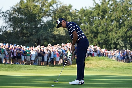 Sep 29, 2023; Rome, ITA; Team USA golfer Rickie Fowler putts on the ninth green during day one foursomes round for the 44th Ryder Cup golf competition at Marco Simone Golf and Country Club. Mandatory Credit: Kyle Terada-USA TODAY Sports