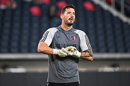 Sep 30, 2023; St. Louis, Missouri, USA; St. Louis City goalkeeper Roman Burki looks on during warmups before a game against Sporting Kansas City at CITYPARK. Mandatory Credit: Joe Puetz-USA TODAY Sports