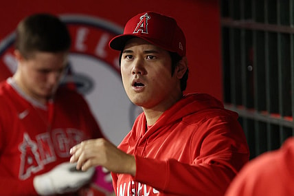 Sep 30, 2023; Anaheim, California, USA; Los Angeles Angels two-way player Shohei Ohtani (17) in the dugout during the game against the Oakland Athletics at Angel Stadium. Mandatory Credit: Kiyoshi Mio-USA TODAY Sports