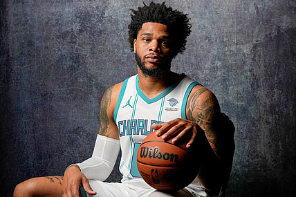Oct 2, 2023; Charlotte, North Carolina, USA;  Charlotte Hornets Miles Bridges (0) poses for a photo during Charlotte Hornets Media Day at the Spectrum Center. Mandatory Credit: Jim Dedmon-USA TODAY Sports
