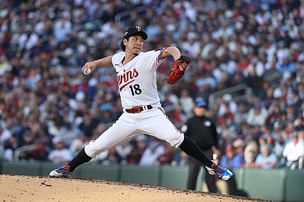 Oct 10, 2023; Minneapolis, Minnesota, USA; Minnesota Twins relief pitcher Kenta Maeda (18) pitches in the sixth inning against the Houston Astros during game three of the ALDS for the 2023 MLB playoffs at Target Field. Mandatory Credit: Jesse Johnson-USA TODAY Sports