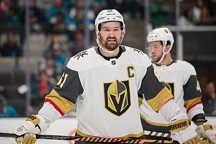 Oct 12, 2023; San Jose, California, USA; Vegas Golden Knights right wing Mark Stone (61) waits for a faceoff against the San Jose Sharks during the second period at SAP Center at San Jose. Mandatory Credit: Robert Edwards-USA TODAY Sports