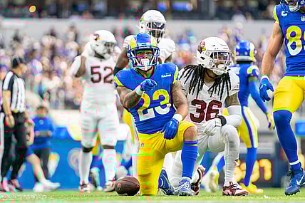 October 15, 2023; Inglewood, California, USA; Los Angeles Rams running back Kyren Williams (23) celebrates a first down during the third quarter against the Arizona Cardinals at SoFi Stadium. Mandatory Credit: Kyle Terada-USA TODAY Sports