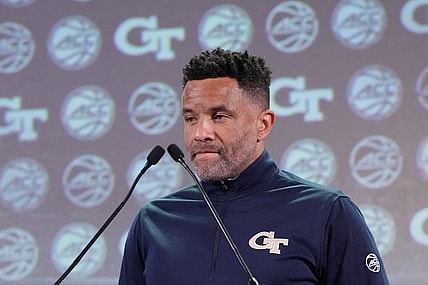Oct 25, 2023; Charlotte, NC, USA;  Georgia Tech coach Damon Stoudamire speaks to the media during the ACC Tipoff at Hilton Charlotte Uptown. Mandatory Credit: Jim Dedmon-USA TODAY Sports