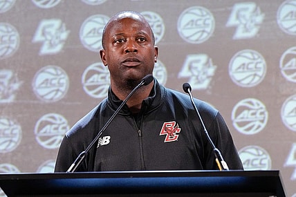 Oct 25, 2023; Charlotte, NC, USA;  Boston College coach Earl Grant speaks to the media during the ACC Tipoff at Hilton Charlotte Uptown. Mandatory Credit: Jim Dedmon-USA TODAY Sports