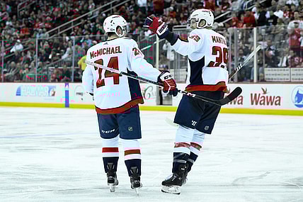 Oct 25, 2023; Newark, New Jersey, USA; Washington Capitals center Connor McMichael (24) celebrates with Washington Capitals right wing Anthony Mantha (39) after scoring a goal against the New Jersey Devils during the third period at Prudential Center. Mandatory Credit: John Jones-USA TODAY Sports