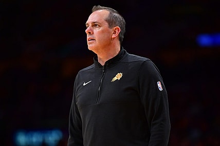 Oct 26, 2023; Los Angeles, California, USA; Phoenix Suns head coach Frank Vogel watches game action against the Los Angeles Lakers during the first half at Crypto.com Arena. Mandatory Credit: Gary A. Vasquez-USA TODAY Sports