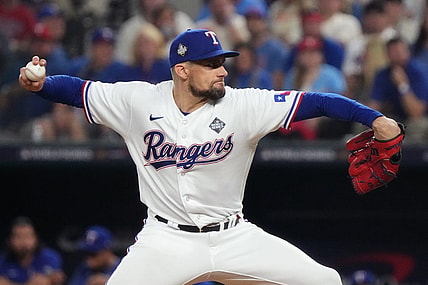 Texas Rangers starting pitcher Nathan Eovaldi (17) throws a pitch against the Arizona Diamondbacks during the second inning in game one of the 2023 World Series at Globe Life Field in Arlington, Texas, on Oct. 27, 2023.