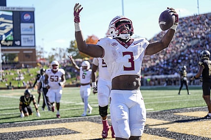 Oct 28, 2023; Winston-Salem, North Carolina, USA; Florida State Seminoles running back Trey Benson (3) celebrates after scoring against the Wake Forest Demon Deacons during the second half at Allegacy Federal Credit Union Stadium. Mandatory Credit: Jim Dedmon-USA TODAY Sports