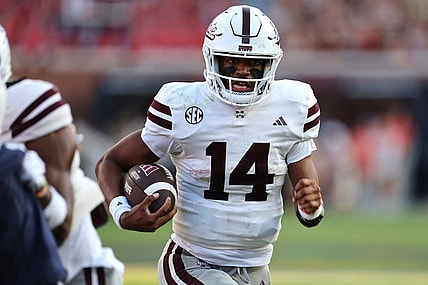 Oct 28, 2023; Auburn, Alabama, USA;  Mississippi State Bulldogs quarterback Mike Wright (14) carries against the Auburn Tigers during the third quarter at Jordan-Hare Stadium. Mandatory Credit: John Reed-USA TODAY Sports