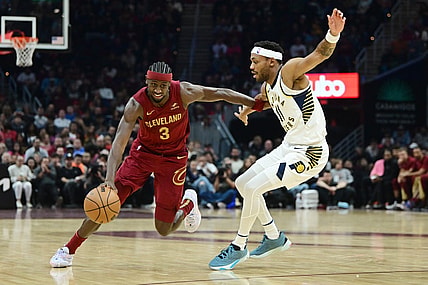 Oct 28, 2023; Cleveland, Ohio, USA; Cleveland Cavaliers guard Caris LeVert (3) drives to the basket against Indiana Pacers forward Bruce Brown (11) during the first half at Rocket Mortgage FieldHouse. Mandatory Credit: Ken Blaze-USA TODAY Sports