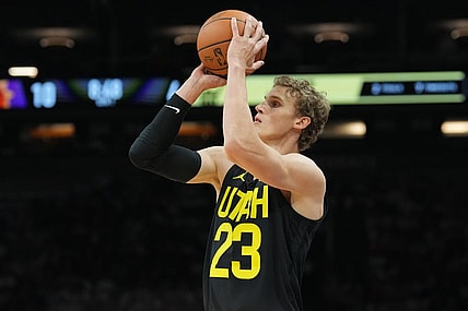 Oct 28, 2023; Phoenix, Arizona, USA; Utah Jazz forward Lauri Markkanen (23) shoots against the Phoenix Suns during the first half at Footprint Center. Mandatory Credit: Joe Camporeale-USA TODAY Sports
