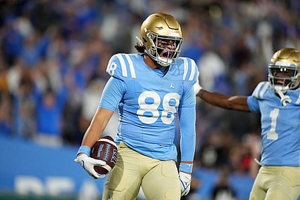 Oct 28, 2023; Pasadena, California, USA; UCLA Bruins tight end Moliki Matavao (88) celebrates after scoring on a 26-yard touchdown reception against the Colorado Buffaloes in the second half at Rose Bowl. UCLA defeated Colorado 28-16. Mandatory Credit: Kirby Lee-USA TODAY Sports