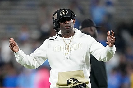 Oct 28, 2023; Pasadena, California, USA; Colorado Buffaloes head coach Deion Sanders reacts against the UCLA Bruins in the second half at Rose Bowl. Mandatory Credit: Kirby Lee-USA TODAY Sports