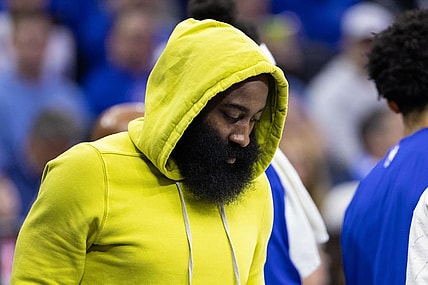Oct 29, 2023; Philadelphia, Pennsylvania, USA; Philadelphia 76ers guard James Harden in plain clothes on the bench during the second quarter of a game against the Portland Trail Blazers at Wells Fargo Center. Mandatory Credit: Bill Streicher-USA TODAY Sports