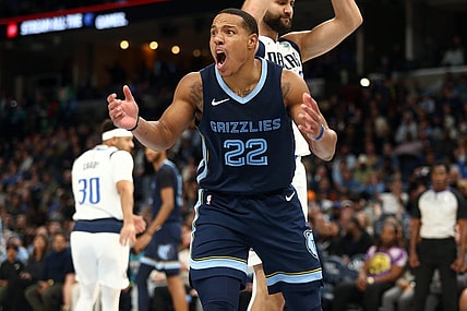 Oct 30, 2023; Memphis, Tennessee, USA; Memphis Grizzlies guard Desmond Bane (22) reacts after being called for an offensive foul during the second half against the Dallas Mavericks at FedExForum. Mandatory Credit: Petre Thomas-USA TODAY Sports