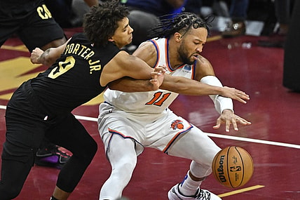 Oct 31, 2023; Cleveland, Ohio, USA; Cleveland Cavaliers guard Craig Porter (9) defends New York Knicks guard Jalen Brunson (11) in the fourth quarter at Rocket Mortgage FieldHouse. Mandatory Credit: David Richard-USA TODAY Sports