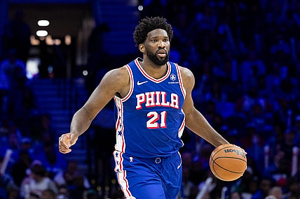 Oct 29, 2023; Philadelphia, Pennsylvania, USA; Philadelphia 76ers center Joel Embiid (21) in action against the Portland Trail Blazers during the third quarter at Wells Fargo Center. Mandatory Credit: Bill Streicher-USA TODAY Sports