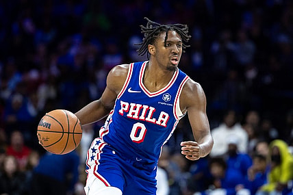 Oct 29, 2023; Philadelphia, Pennsylvania, USA; Philadelphia 76ers guard Tyrese Maxey (0) in action against the Portland Trail Blazers during the third quarter at Wells Fargo Center. Mandatory Credit: Bill Streicher-USA TODAY Sports
