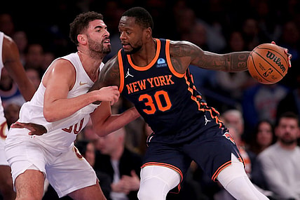 Nov 1, 2023; New York, New York, USA; New York Knicks forward Julius Randle (30) controls the ball against Cleveland Cavaliers forward Georges Niang (20) during the first quarter at Madison Square Garden. Mandatory Credit: Brad Penner-USA TODAY Sports