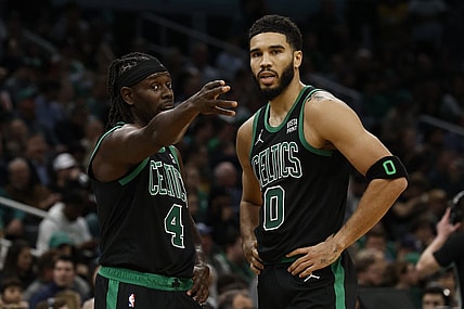 Nov 1, 2023; Boston, Massachusetts, USA; Boston Celtics guard Jrue Holiday (4) talks with forward Jayson Tatum (0) during the second half against the Indiana Pacers at TD Garden. Mandatory Credit: Winslow Townson-USA TODAY Sports