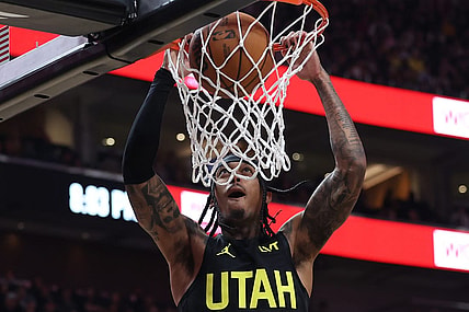 Nov 1, 2023; Salt Lake City, Utah, USA; Utah Jazz guard Jordan Clarkson (00) dunks the ball against the Memphis Grizzlies in the second quarter at Delta Center. Mandatory Credit: Rob Gray-USA TODAY Sports