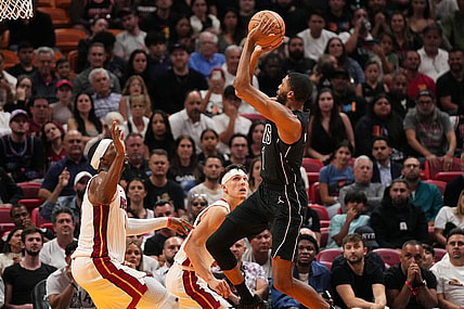 Nov 1, 2023; Miami, Florida, USA; Brooklyn Nets forward Mikal Bridges (1) puts up a shot against the Miami Heat during the second half at Kaseya Center. Mandatory Credit: Jasen Vinlove-USA TODAY Sports