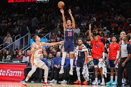 Nov 1, 2023; Atlanta, Georgia, USA; Washington Wizards guard Landry Shamet (20) shoots against the Atlanta Hawks in the second half at State Farm Arena. Mandatory Credit: Brett Davis-USA TODAY Sports