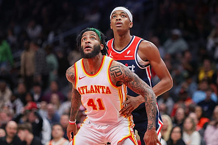 Nov 1, 2023; Atlanta, Georgia, USA; Atlanta Hawks forward Saddiq Bey (41) boxes out Washington Wizards guard Bilal Coulibaly (0) in the second half at State Farm Arena. Mandatory Credit: Brett Davis-USA TODAY Sports
