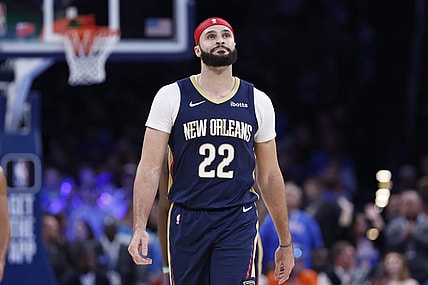 Nov 1, 2023; Oklahoma City, Oklahoma, USA; New Orleans Pelicans forward Larry Nance Jr. (22) walks down the court during the second half against the Oklahoma City Thunder at Paycom Center. New Orleans won 110-106. Mandatory Credit: Alonzo Adams-USA TODAY Sports