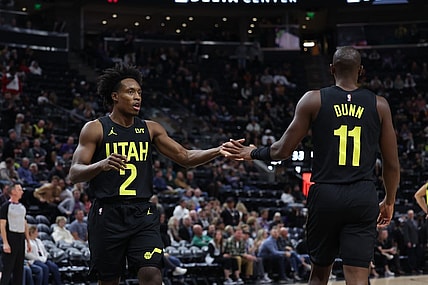 Nov 1, 2023; Salt Lake City, Utah, USA; Utah Jazz guard Collin Sexton (2) and guard Kris Dunn (11) react to the final buzzer in a game against the Memphis Grizzlies at Delta Center. Mandatory Credit: Rob Gray-USA TODAY Sports