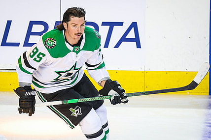 Nov 1, 2023; Calgary, Alberta, CAN; Dallas Stars center Matt Duchene (95) skates during the warmup period against the Calgary Flames at Scotiabank Saddledome. Mandatory Credit: Sergei Belski-USA TODAY Sports