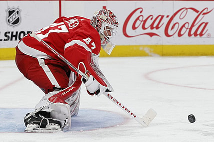 Nov 2, 2023; Detroit, Michigan, USA;  Detroit Red Wings goaltender James Reimer (47) makes a save in the third period against the Florida Panthers at Little Caesars Arena. Mandatory Credit: Rick Osentoski-USA TODAY Sports