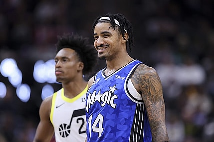 Nov 2, 2023; Salt Lake City, Utah, USA; Orlando Magic guard Gary Harris (14) reacts to a play against the Utah Jazz in the first half at the Delta Center. Mandatory Credit: Rob Gray-USA TODAY Sports