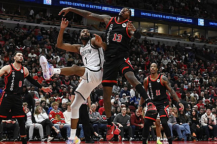 Nov 3, 2023; Chicago, Illinois, USA; Chicago Bulls forward Torrey Craig (13) defends against a shot by Brooklyn Nets forward Mikal Bridges (1) during the first half at the United Center. Mandatory Credit: Matt Marton-USA TODAY Sports