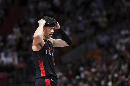 Nov 3, 2023; Miami, Florida, USA; Miami Heat guard Tyler Herro (14) looks on against the Washington Wizards during the second quarter at Kaseya Center. Mandatory Credit: Sam Navarro-USA TODAY Sports
