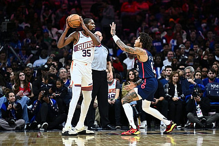 Nov 4, 2023; Philadelphia, Pennsylvania, USA; Phoenix Suns forward Kevin Durant (35) controls the ball against Philadelphia 76ers guard Kelly Oubre Jr (9) in the third quarter at Wells Fargo Center. Mandatory Credit: Kyle Ross-USA TODAY Sports