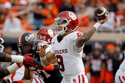 Oklahoma Sooners quarterback Dillon Gabriel (8) throws a pass during a Bedlam college football game between the Oklahoma State University Cowboys (OSU) and the University of Oklahoma Sooners (OU) at Boone Pickens Stadium in Stillwater, Okla., Saturday, Nov. 4, 2023.