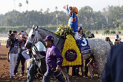 Nov 4, 2023; Santa Anita, CA, USA;  Jockey Irad Ortiz Jr. with White Abarrio (3) reacts after winning the BREEDERS' CUP CLASSIC during the 2023 Breeders' Cup World Championships at Santa Anita Park. Mandatory Credit: Kiyoshi Mio-USA TODAY Sports