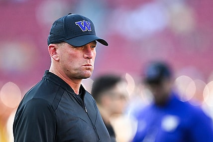 Nov 4, 2023; Los Angeles, California, USA; Washington Huskies head coach Kalen DeBoer against the USC Trojans during warmups at United Airlines Field at Los Angeles Memorial Coliseum. Mandatory Credit: Jonathan Hui-USA TODAY Sports