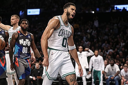Nov 4, 2023; Brooklyn, New York, USA;  Boston Celtics forward Jayson Tatum (0) reacts after being fouled on a made basket in the second quarter against the Brooklyn Nets at Barclays Center. Mandatory Credit: Wendell Cruz-USA TODAY Sports