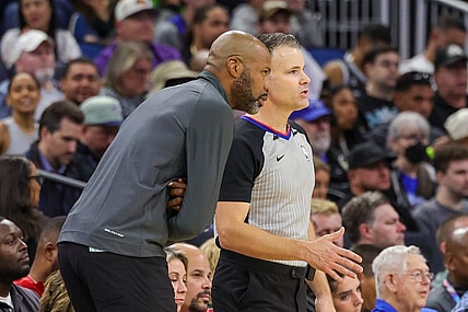 Nov 4, 2023; Orlando, Florida, USA; Orlando Magic head coach Jamahl Mosley talks to referee Mark Lindsay (29) during the second quarter against the Los Angeles Lakers at Amway Center. Mandatory Credit: Mike Watters-USA TODAY Sports