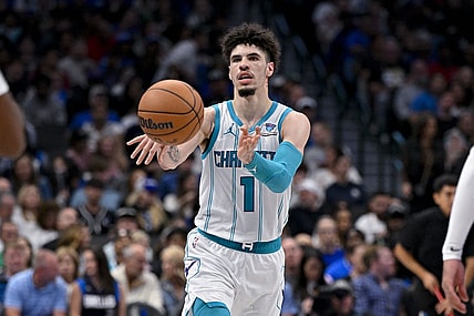 Nov 5, 2023; Dallas, Texas, USA; Charlotte Hornets guard LaMelo Ball (1) passes the ball against the Dallas Mavericks during the second half at the American Airlines Center. Mandatory Credit: Jerome Miron-USA TODAY Sports