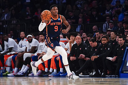 Nov 6, 2023; New York, New York, USA; New York Knicks shooting guard RJ Barrett (9) dribbles the ball up the court against the Los Angeles Clippers during the first half at Madison Square Garden. Mandatory Credit: Gregory Fisher-USA TODAY Sports