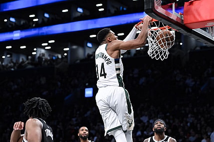 Nov 6, 2023; Brooklyn, New York, USA; Milwaukee Bucks forward Giannis Antetokounmpo (34) dunks the ball against the Brooklyn Nets during the fourth quarter at Barclays Center. Mandatory Credit: John Jones-USA TODAY Sports