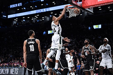 Nov 6, 2023; Brooklyn, New York, USA; Milwaukee Bucks forward Giannis Antetokounmpo (34) dunks the ball against the Brooklyn Nets during the fourth quarter at Barclays Center. Mandatory Credit: John Jones-USA TODAY Sports