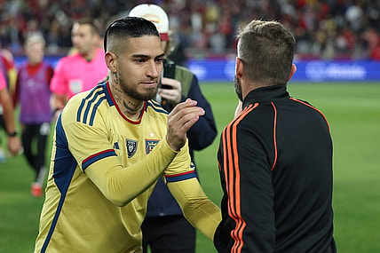 Nov 6, 2023; Sandy, Utah, USA;  Real Salt Lake forward Cristian Arango (9) following the victory against Houston Dynamo at America First Field. Mandatory Credit: Rob Gray-USA TODAY Sports