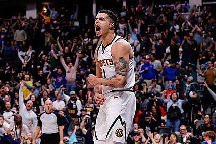 Nov 6, 2023; Denver, Colorado, USA; Denver Nuggets forward Michael Porter Jr. (1) reacts after a play in the fourth quarter against the New Orleans Pelicans at Ball Arena. Mandatory Credit: Isaiah J. Downing-USA TODAY Sports