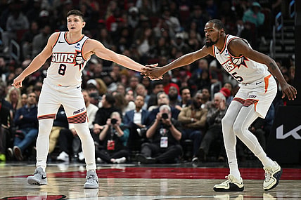 Nov 8, 2023; Chicago, Illinois, USA; Phoenix Suns forward Kevin Durant (35), right, congratulates guard Grayson Allen (8) after Allen hit a three-point shot in the second half against the Chicago Bulls at United Center. Mandatory Credit: Jamie Sabau-USA TODAY Sports